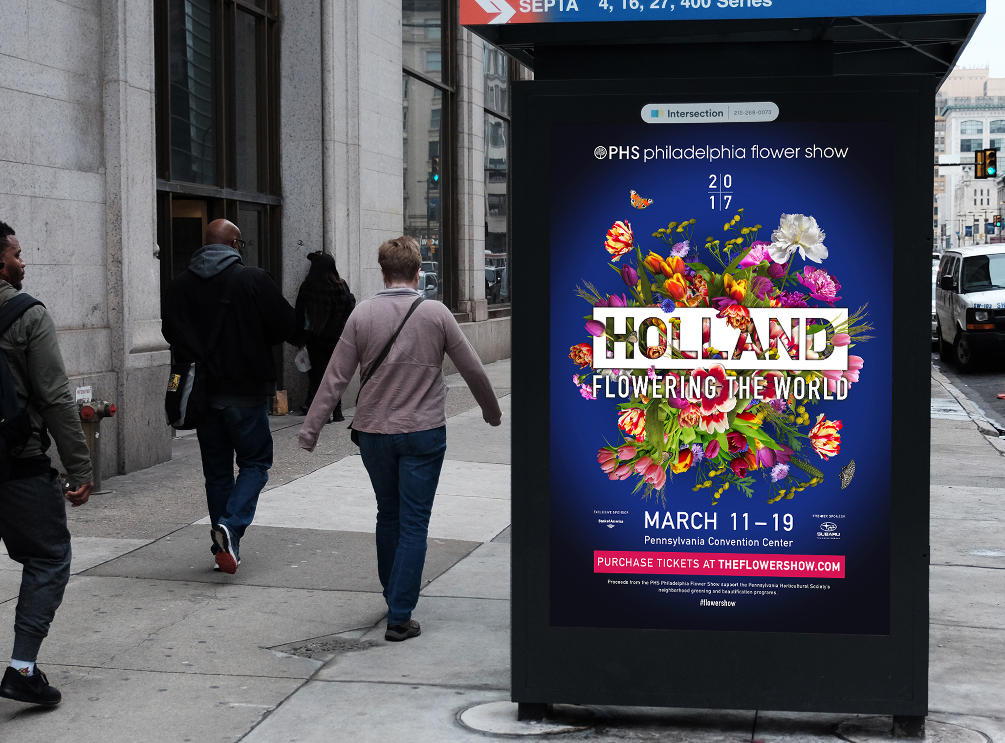 Digital ad on a bus shelter for the 2017 PHS Philadelphia Flower Show.