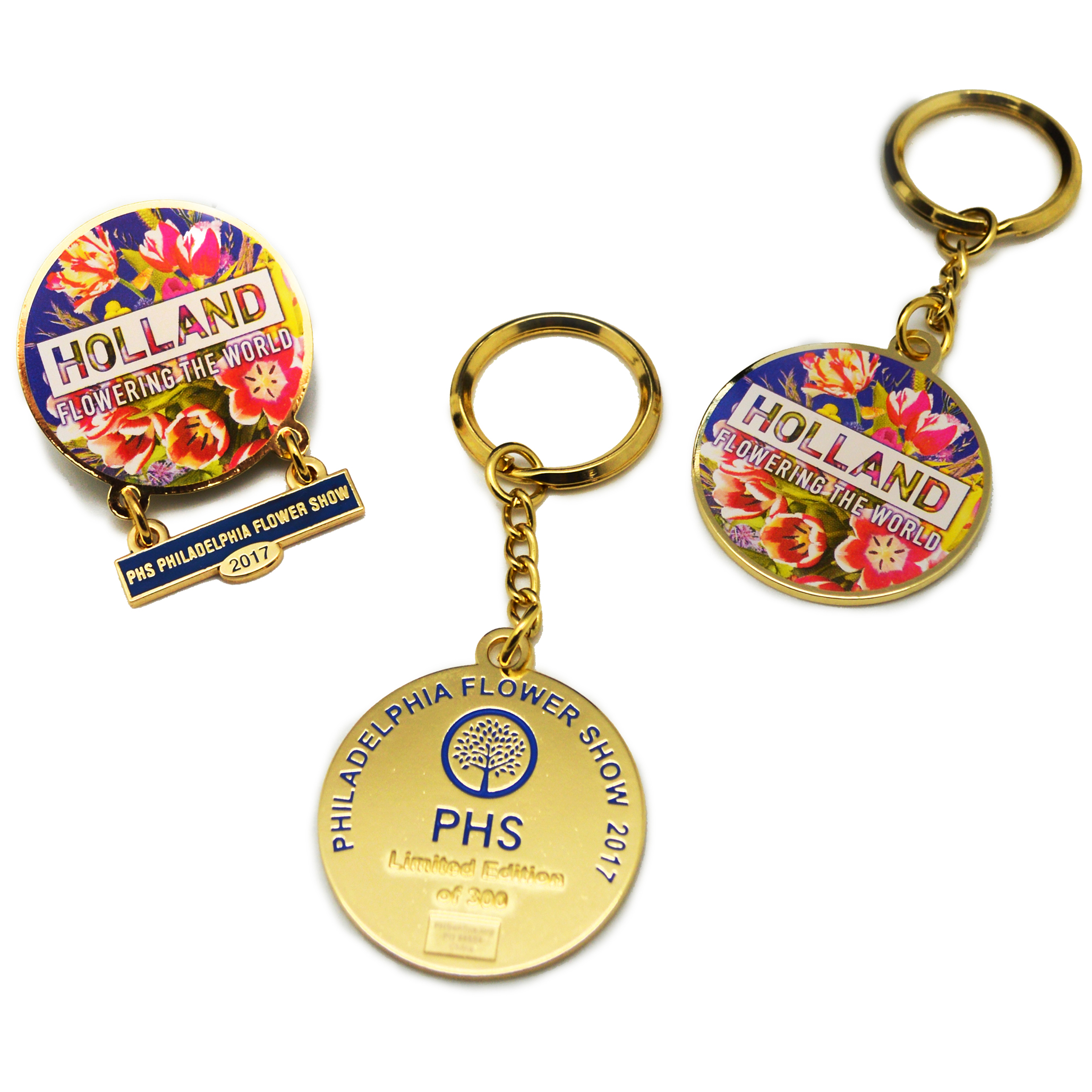 Pin and keychain for the 2017 PHS Philadelphia Flower Show.