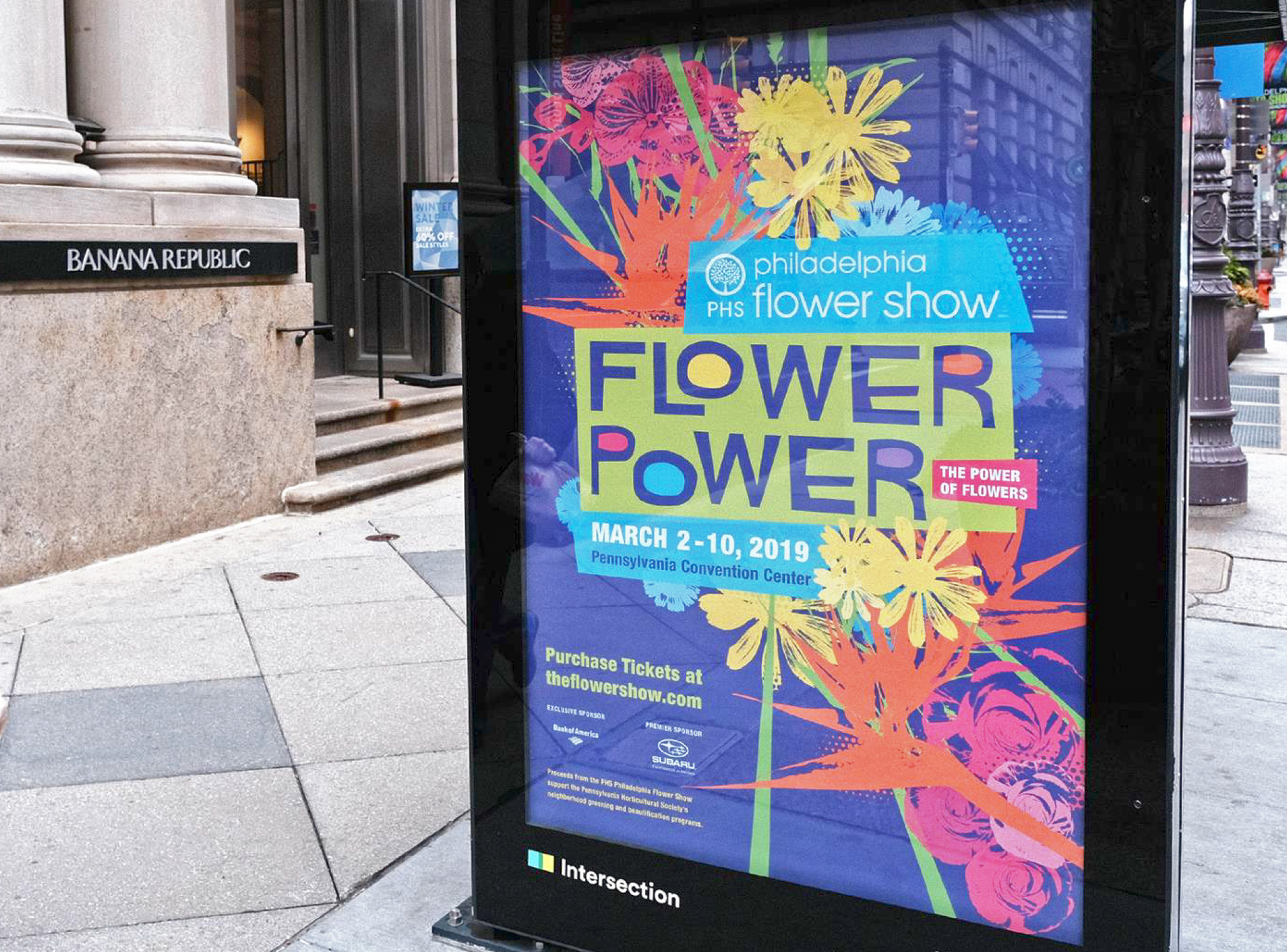 Digital sign on bus shelter for the 2019 PHS Philadelphia Flower Show.