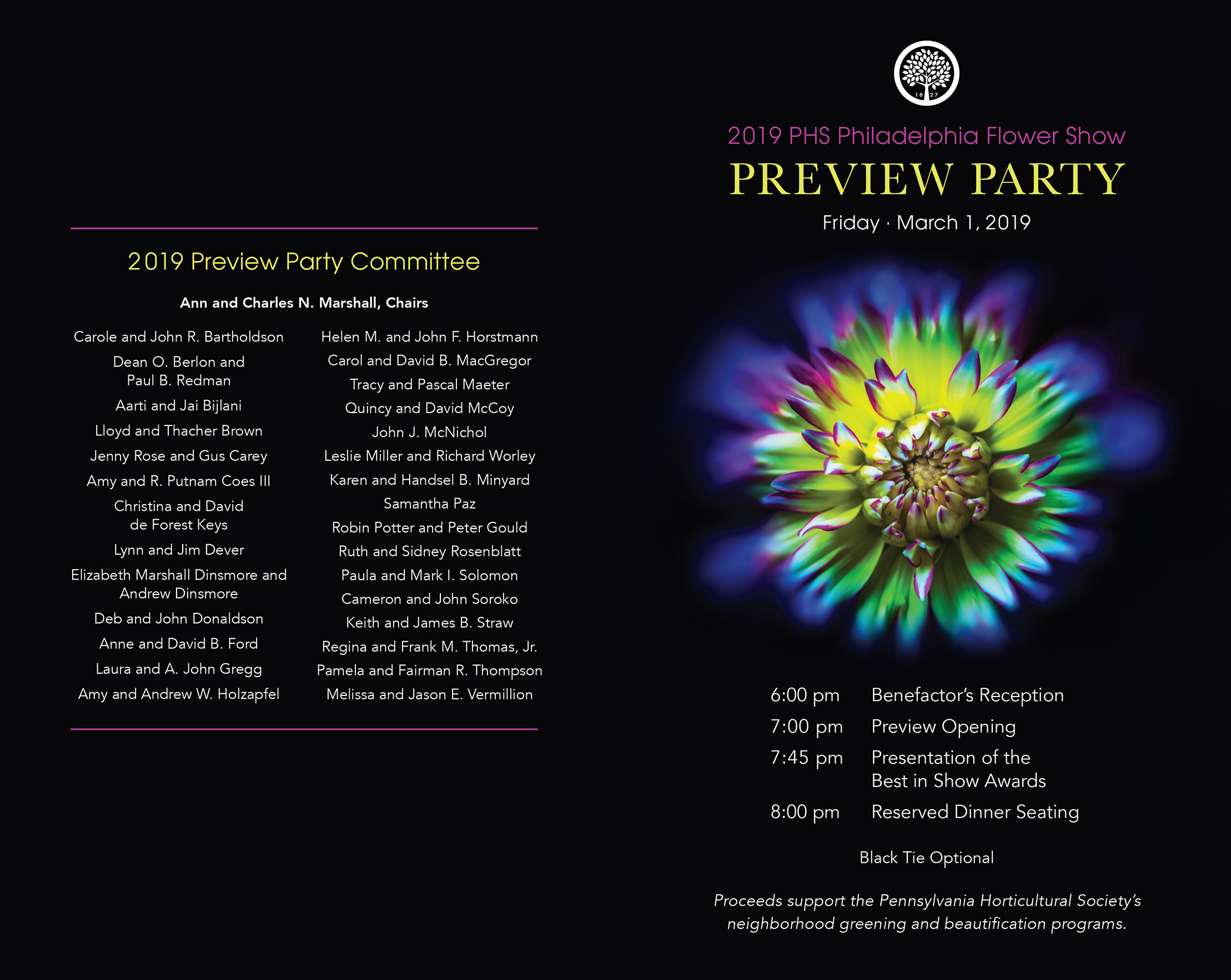 Outside of Preview Party invitation for the 2019 PHS Philadelphia Flower Show.