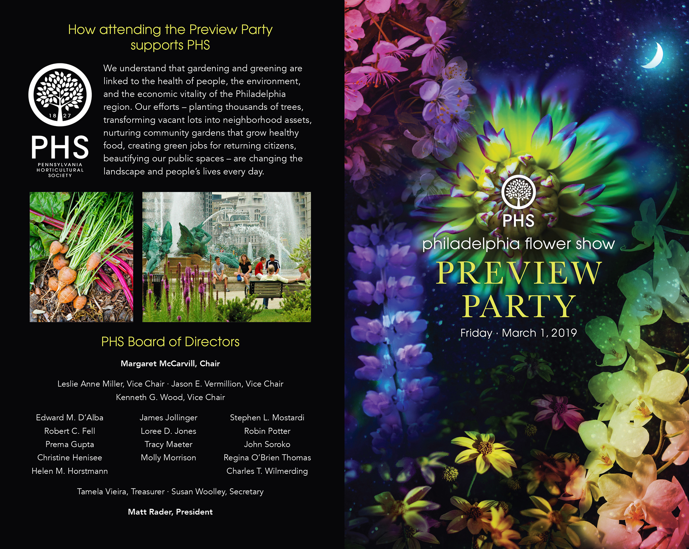 Outside of Preview Party invitation for the 2019 PHS Philadelphia Flower Show.