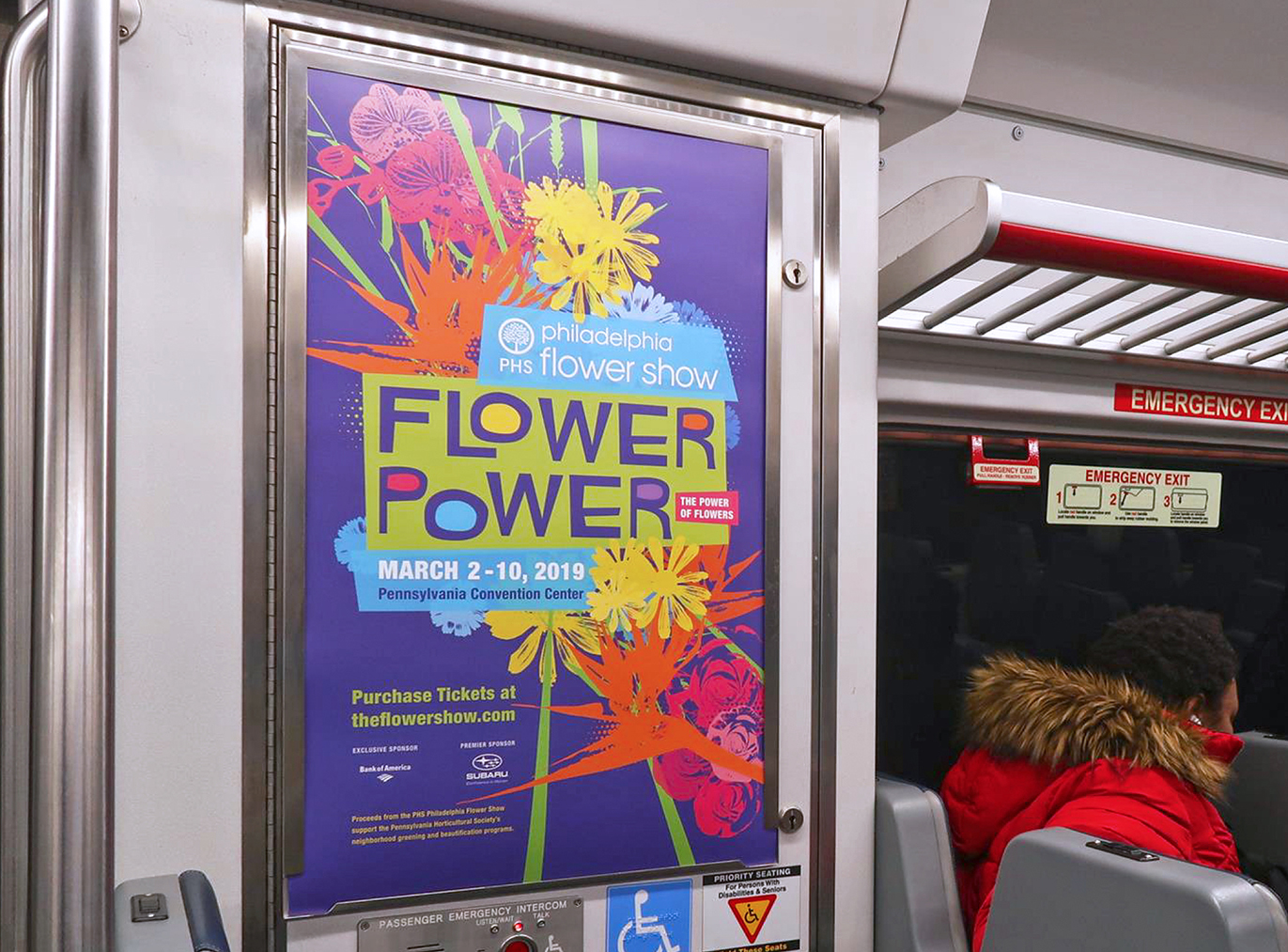 Poster on train for the 2019 PHS Philadelphia Flower Show.