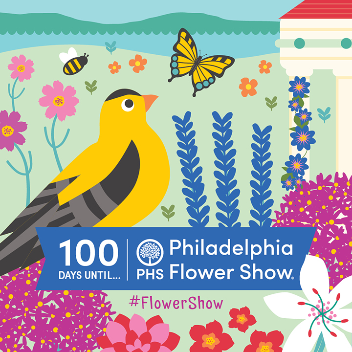 100 days until the Flower Show social media post for the 2021 PHS Flower Show.