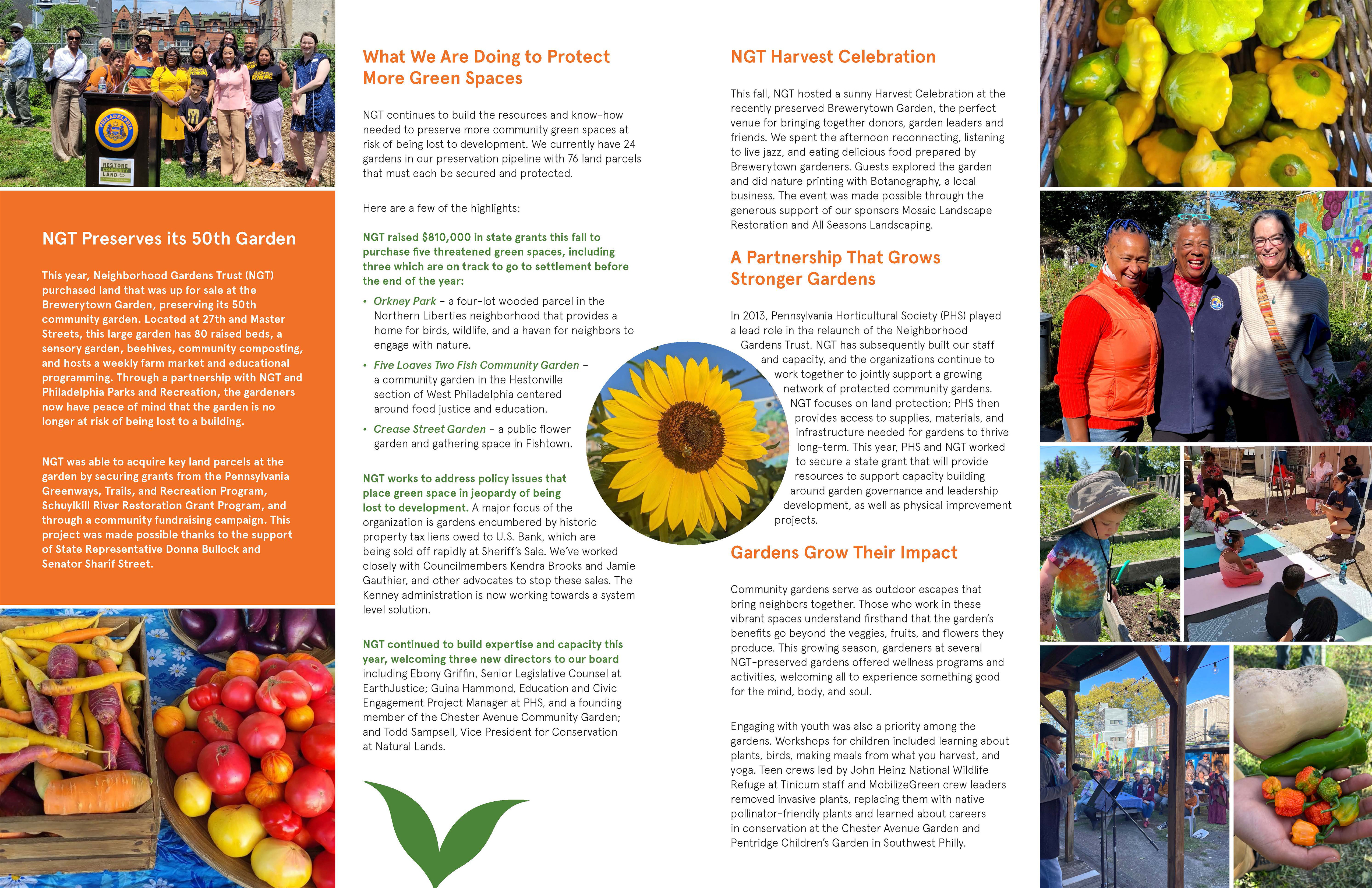 The inside of a double-folded self-mailer for Neighborhood Gardens Trust.