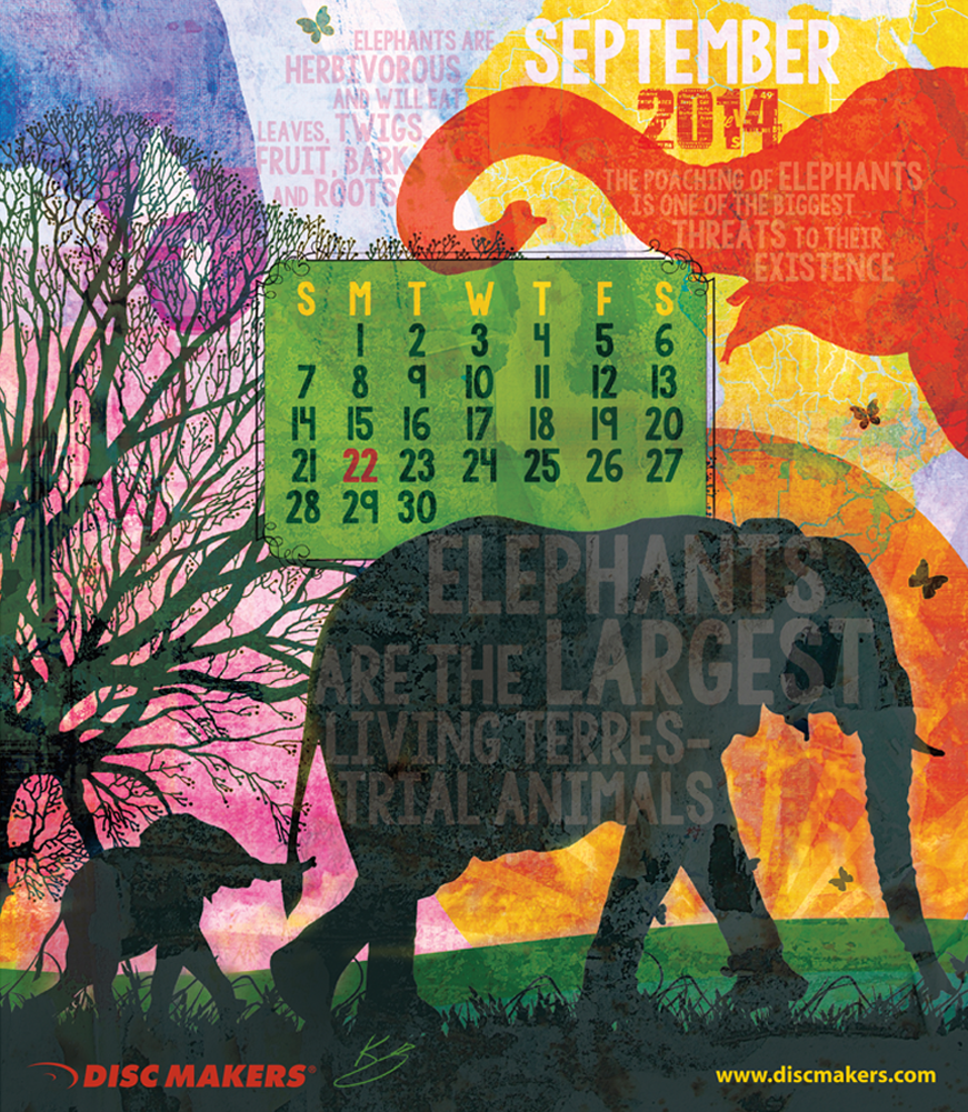 Elephant design for Disc Makers'animal themed calendar for 2014.