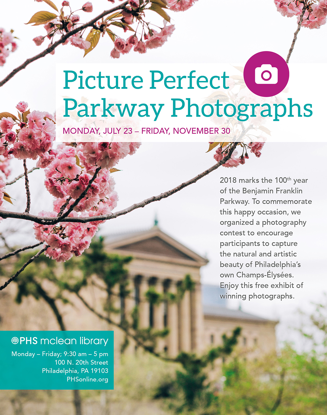 Poster for Picture Perfect Parkway Photography exhibit in the PHS McLean Library.