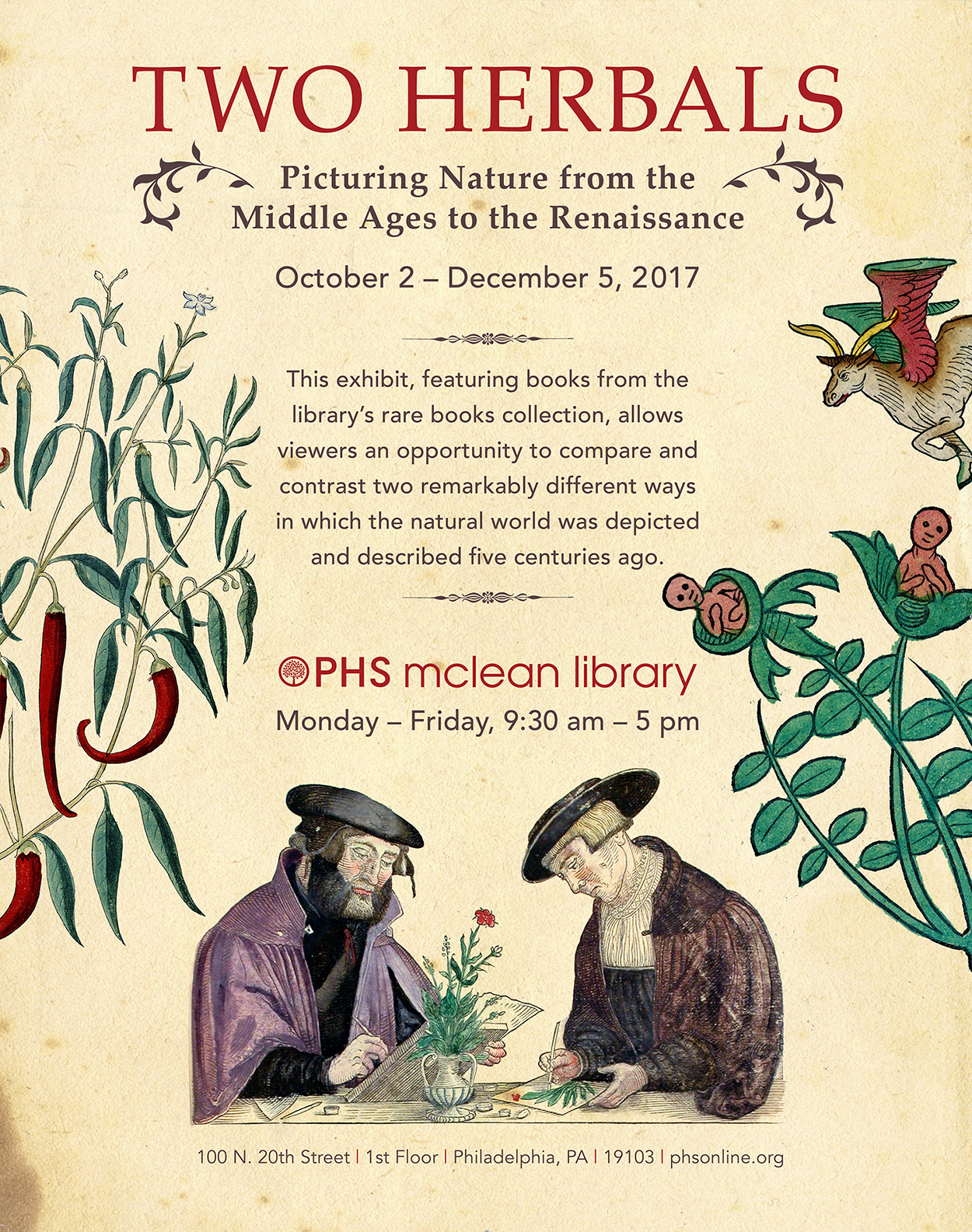 Poster for Two Herbals exhibit in the PHS McLean Library.