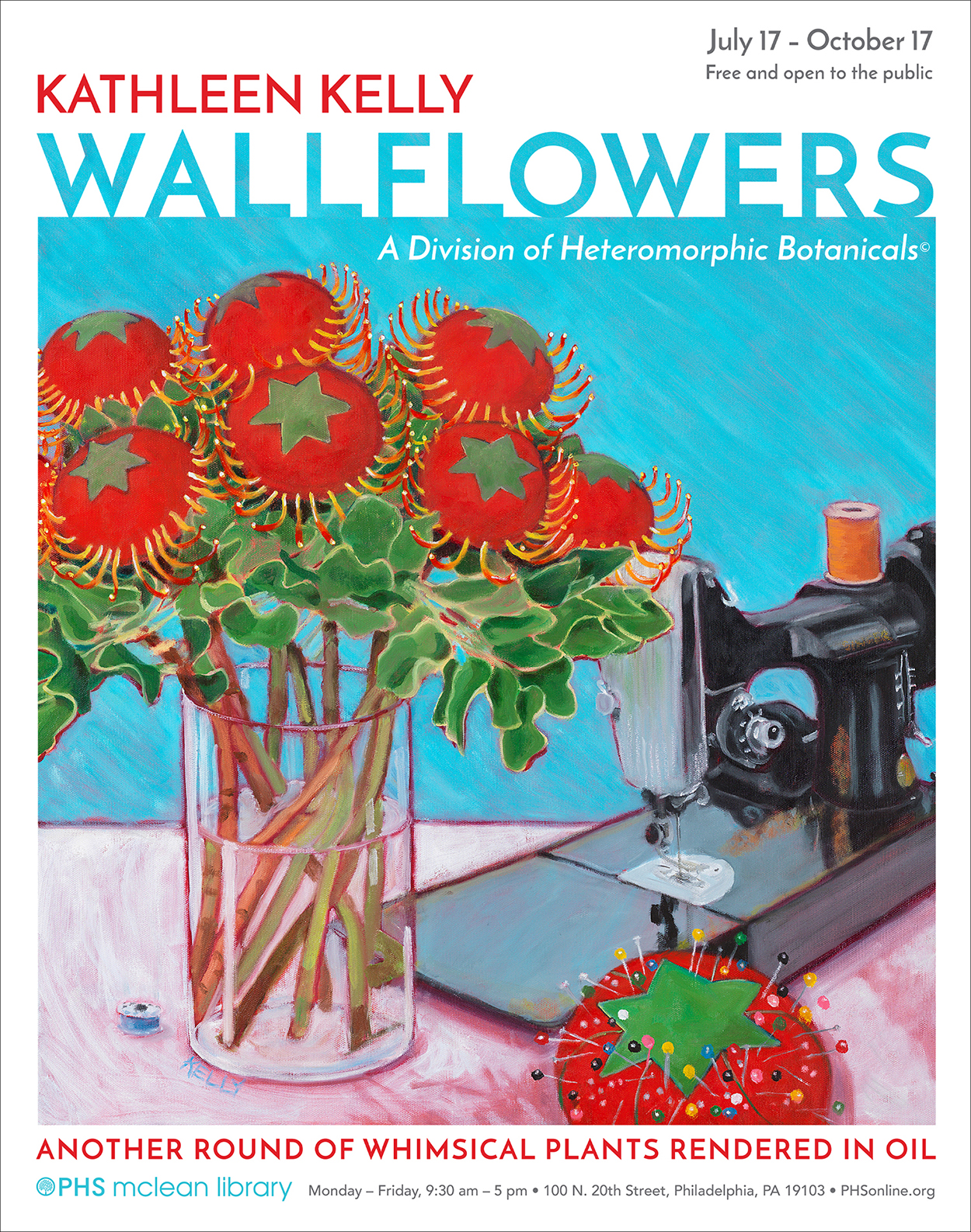 Poster for Kathleen Kelly's Wallflowers exhibit in the PHS McLean Library.