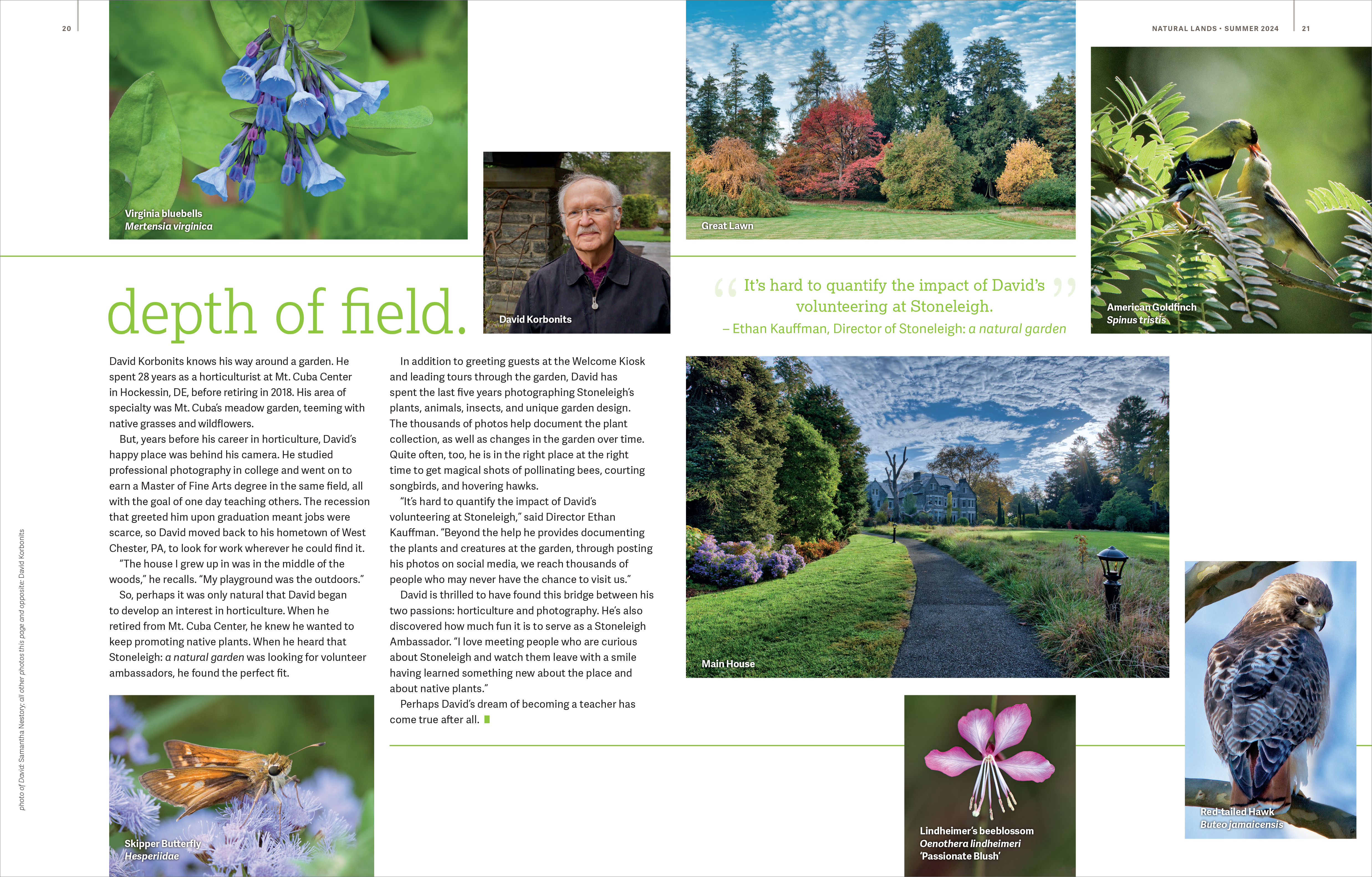 Spread of article about a volunteer photographer from Natural Lands 2024 Summer Magazine.