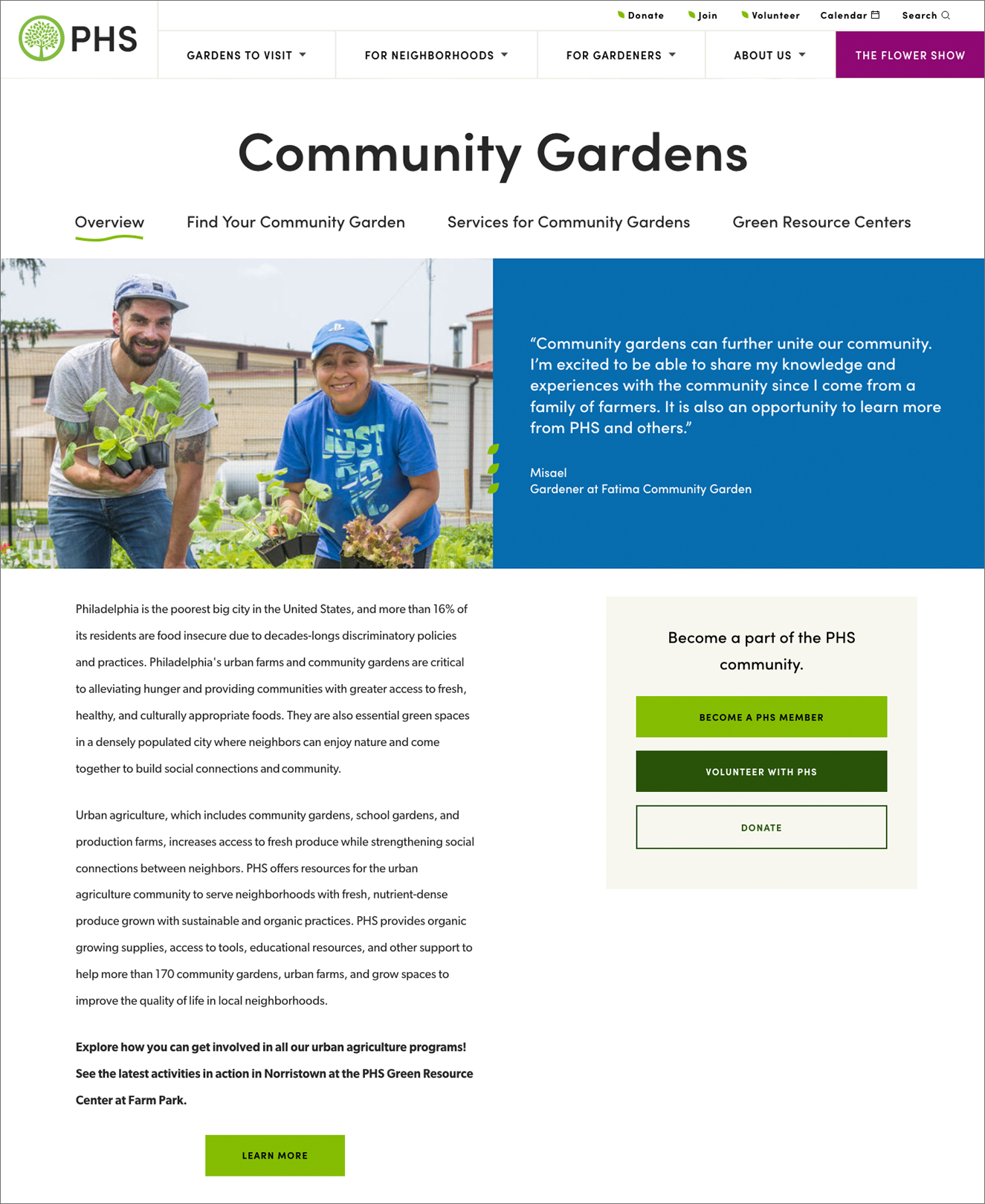 Community Gardens page design for Pennsylvania Horticultural Soceity's website.