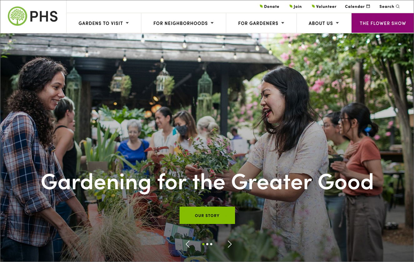 Top of home page design for Pennsylvania Horticultural Society's website.