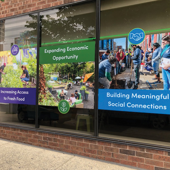 Window decals for Pennsylvania Horticultural Soceity's headquarters in Philadelphia